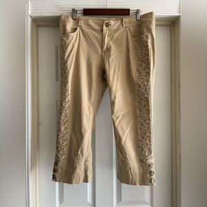 Sundance Embroidered Khaki Button Detail Cropped Pants